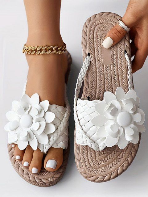 Flower Decor Braided One Toe Flip Flops Flat Slip On Beach Trendy Sandals