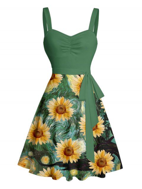 Mini Robe de Soirée en Couleur Unie Motif de Tournesol avec Ceinture sans Manches