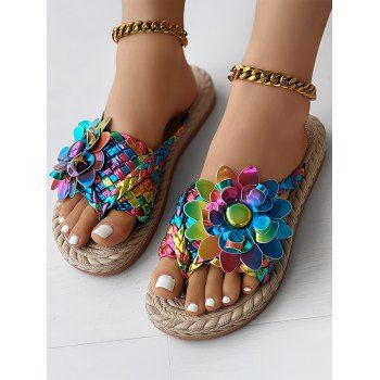 Flower Decor Braided One Toe Flip Flops Flat Slip On Beach Trendy Sandals