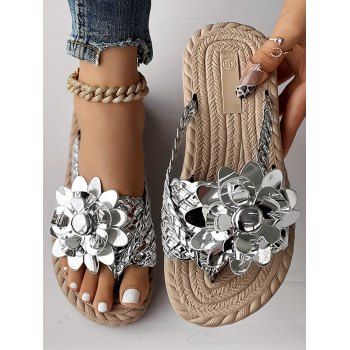 Flower Decor Braided One Toe Flip Flops Flat Slip On Beach Trendy Sandals