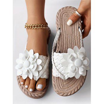 Flower Decor Braided One Toe Flip Flops Flat Slip On Beach Trendy Sandals