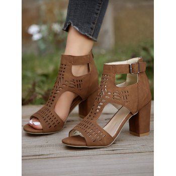 Geometric Hollow Out Buckle Strap Chunky Heel Open Toe Outdoor Sandals