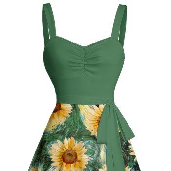 Van Gogh Sunflower Pattern Oil Painting Ruched Bust Belt Vacation Dress Sweetheart Neck Sleeveless A Line Mini Dress