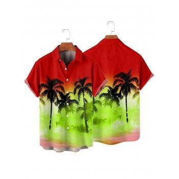 Hawaii Couple Outfit Ombre Palm Tree Print Spaghetti Strap Mini Dress and Crossover Layered Skirtini Bikini Swimsuit and Roll Up Sleeve Shirt Matching Outfit