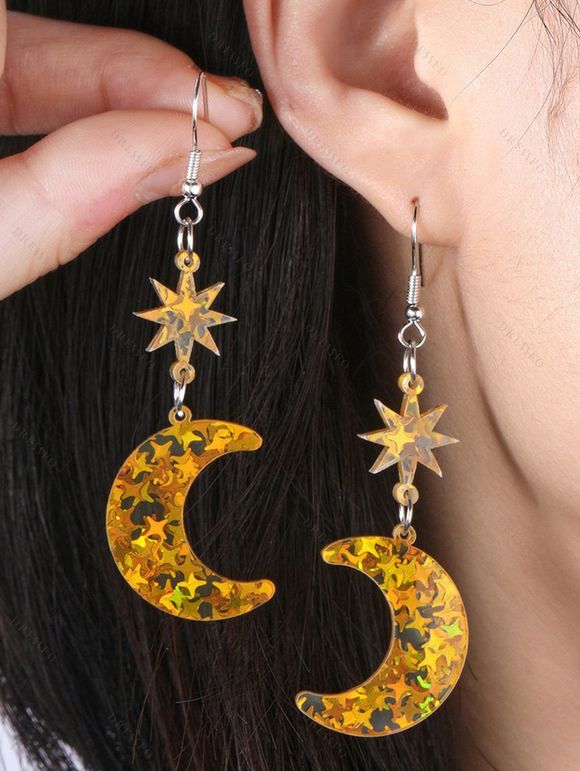 Boucles D'Oreilles de Soirée Pendantes Brillantes Etoile Lune en Acrylique - d'or 
