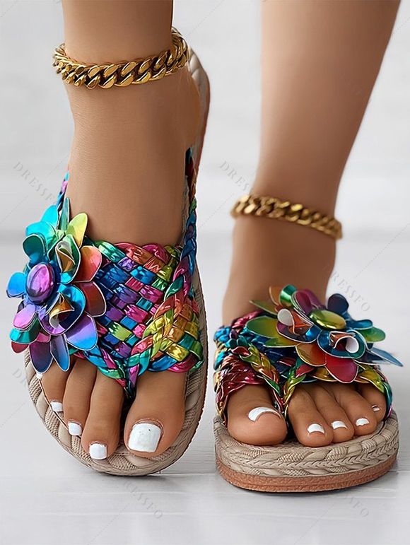 Flower Decor Braided One Toe Flip Flops Flat Slip On Beach Trendy Sandals - multicolor A EU 42