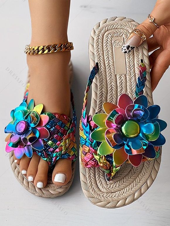 Flower Decor Braided One Toe Flip Flops Flat Slip On Beach Trendy Sandals - multicolor A EU 42
