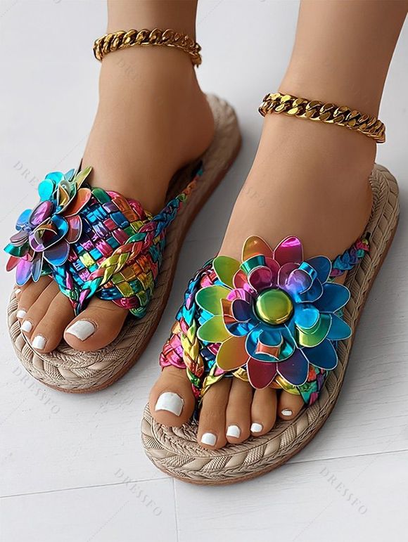 Flower Decor Braided One Toe Flip Flops Flat Slip On Beach Trendy Sandals - multicolor A EU 42