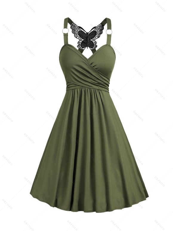 Casual Outfit Solid Color Crossover Butterfly Lace O Ring Strap Ruched Dress and Round Shape Life Tree Pattern Hoop Earrings Rivet Buckle Strap Zip Up Chunky Heel Boots Outfit - Vert profond S | US 4