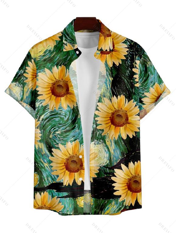 Vacation Couple Outfit Van Gogh Sunflower Pattern Mock Button Ruched Bust Tank Belt Dress and Roll Up Sleeve Shirt Solid Color Drawstring Shorts Matching Outfit - Vert profond S | US 4