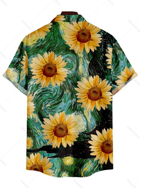 Vacation Couple Outfit Van Gogh Sunflower Pattern Mock Button Ruched Bust Tank Belt Dress and Roll Up Sleeve Shirt Solid Color Drawstring Shorts Matching Outfit - Vert profond S | US 4