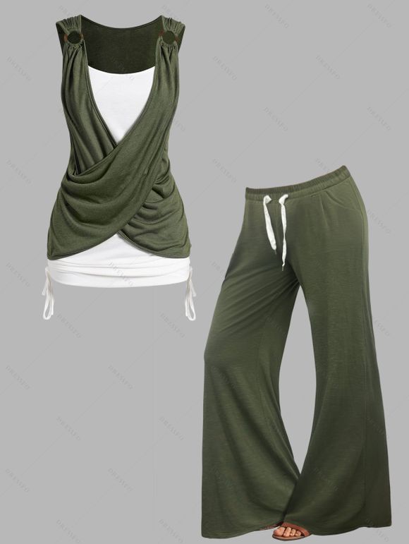 Vacation leisure fake two-piece contrast color pleated women's vest with women's casual loose wide-leg trousers with suit - Vert profond S | US 4
