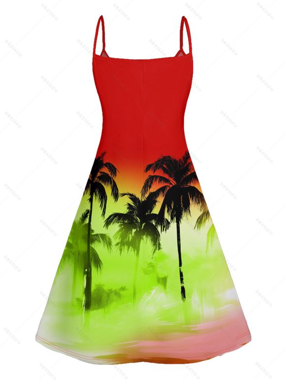 Hawaii Couple Outfit Ombre Palm Tree Print Spaghetti Strap Mini Dress and Crossover Layered Skirtini Bikini Swimsuit and Roll Up Sleeve Shirt Matching Outfit - Rouge S | US 4