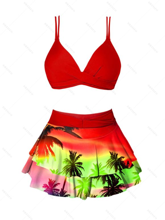 Hawaii Couple Outfit Ombre Palm Tree Print Spaghetti Strap Mini Dress and Crossover Layered Skirtini Bikini Swimsuit and Roll Up Sleeve Shirt Matching Outfit - Rouge S | US 4