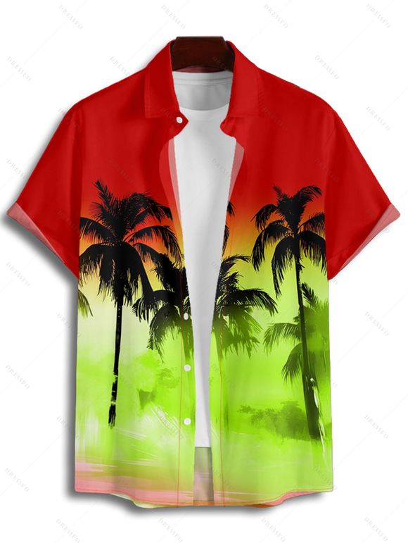 Hawaii Couple Outfit Ombre Palm Tree Print Spaghetti Strap Mini Dress and Crossover Layered Skirtini Bikini Swimsuit and Roll Up Sleeve Shirt Matching Outfit - Rouge S | US 4