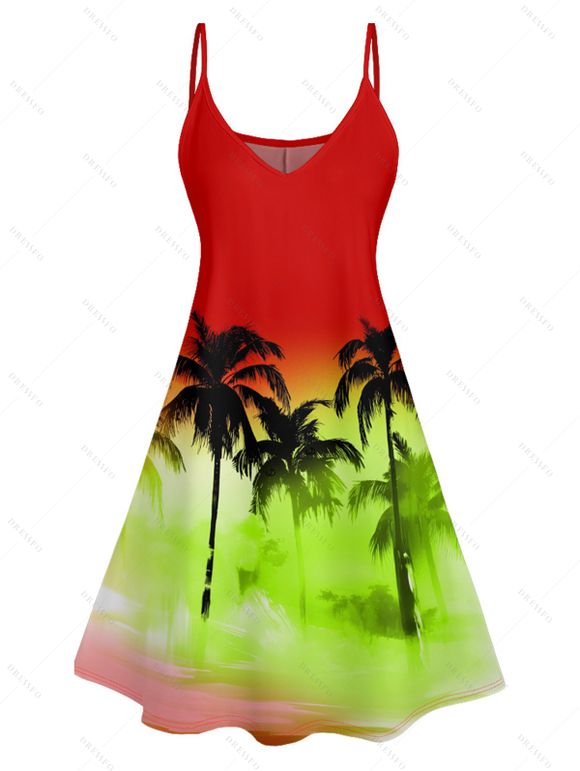 Hawaii Couple Outfit Ombre Palm Tree Print Spaghetti Strap Mini Dress and Crossover Layered Skirtini Bikini Swimsuit and Roll Up Sleeve Shirt Matching Outfit - Rouge S | US 4