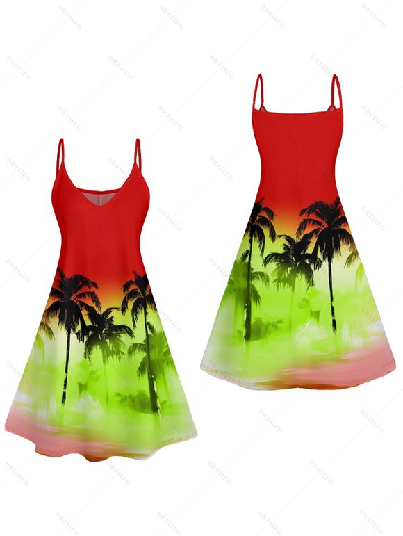 Hawaii Couple Outfit Ombre Palm Tree Print Spaghetti Strap Mini Dress and Crossover Layered Skirtini Bikini Swimsuit and Roll Up Sleeve Shirt Matching Outfit - Rouge S | US 4