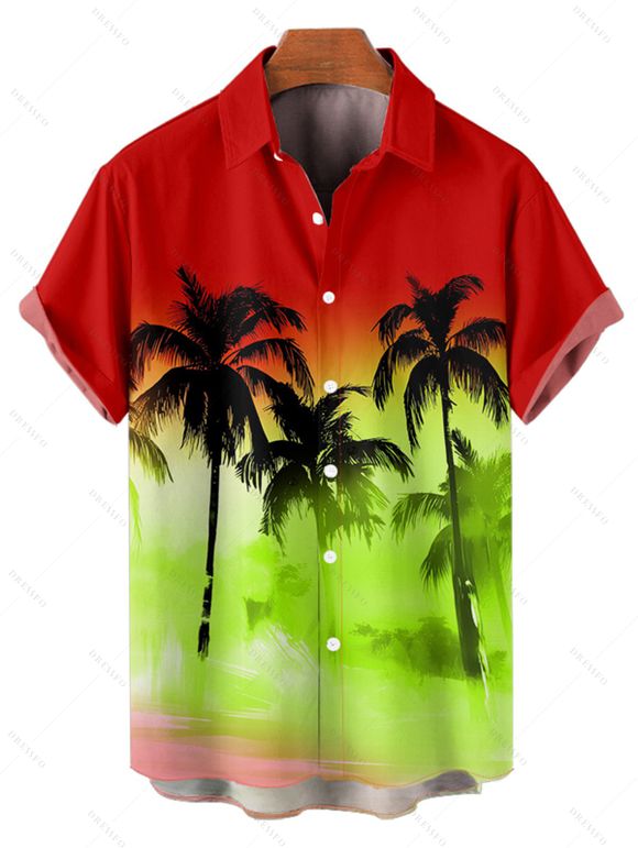 Hawaii Couple Outfit Ombre Palm Tree Print Spaghetti Strap Mini Dress and Crossover Layered Skirtini Bikini Swimsuit and Roll Up Sleeve Shirt Matching Outfit - Rouge S | US 4