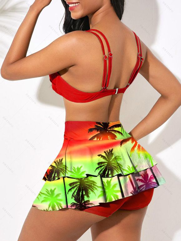 Hawaii Couple Outfit Ombre Palm Tree Print Spaghetti Strap Mini Dress and Crossover Layered Skirtini Bikini Swimsuit and Roll Up Sleeve Shirt Matching Outfit - Rouge S | US 4