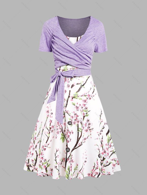Ensemble de Robe Ligne A Fleur de Pêcher et de T-shirt Cahce-cœur avec Nœud Papillon Deux Pièces - Violet clair XXXXL