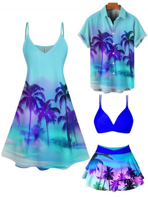 Hawaii Couple Outfit Omber Palm Tree Print Spaghetti Strap Mini Dress and Crossover Layered Skirtini Bikini Swimsuit and Roll Up Sleeve Shirt Matching Outfit