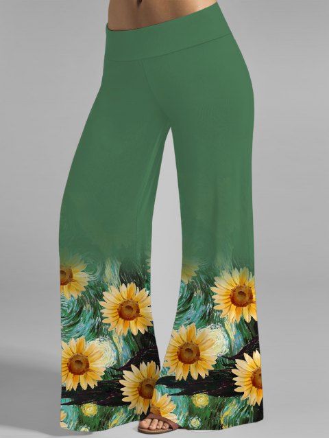 Pantalon de Vacances Long Motif de Tournesol Boutonée à Taille Haute