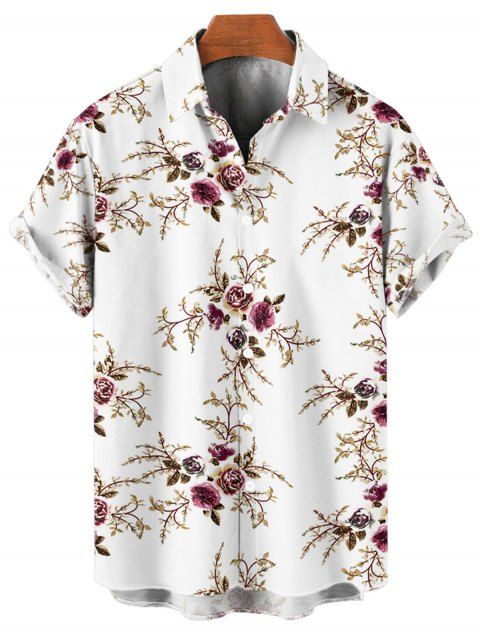 Chemise Décontractée Motif de Feuille et de Fleur à Manches Roulées Boutonnée pour Homme