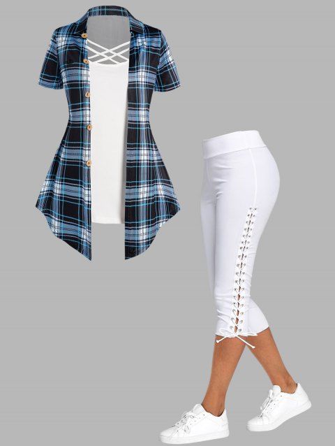Casual Outfit Plaid Pattern Lattice Strap Mock Button Asymmetrical Hem Faux Twinset T Shirt and Lace Up Solid Color Capri Leggings Two Piece Outfit