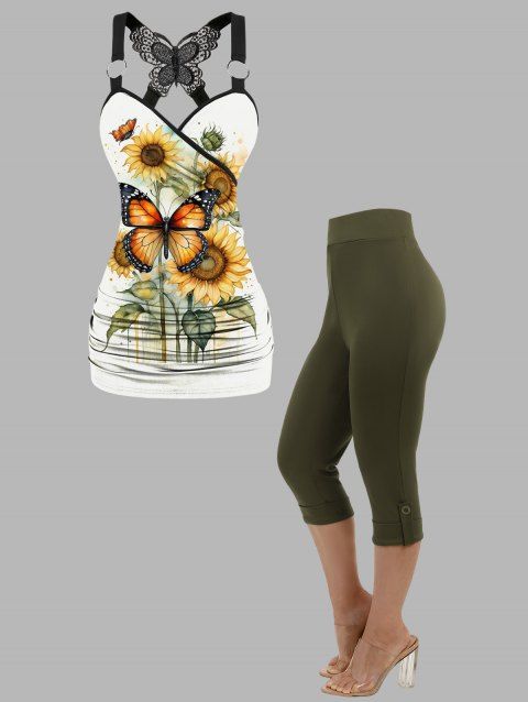 Casual Outfit Butterfly Sunflower Leaf Print Lace O Ring Strap Ruched Surplice Long Tank Top and Solid Color Roll Up Capri Pants Two Piece Set