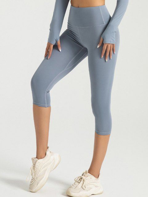 Solid Color Wide High Waisted Skinny Capri Yoga Leggings Push Up Sporty Cropped Leggings