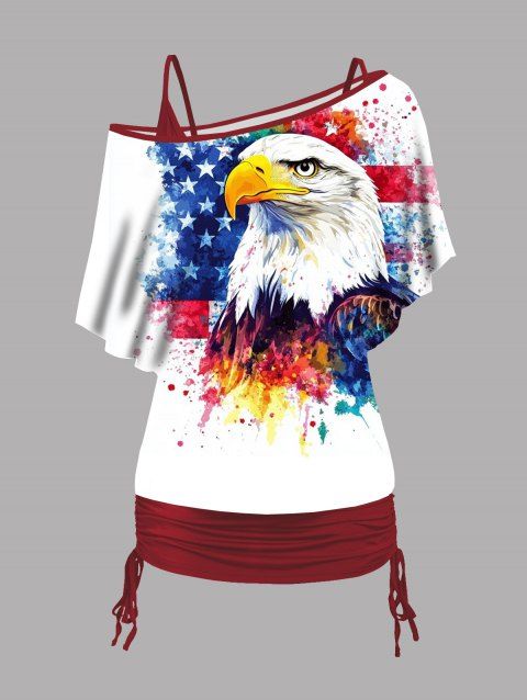 Independence Day Tee Set American Flag Eagle Pattern Skew Neck Tee and Solid Color Cinched Ruched Long Tank Top Two Piece Patriotic T Shirt