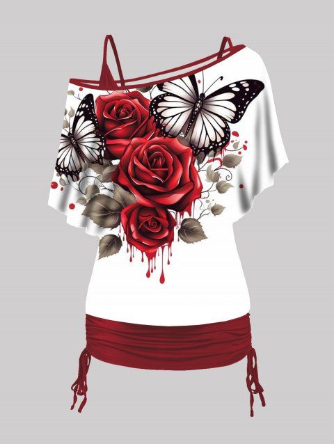 Ensemble de T-shirt Long Gothique Rose et de T-shirt Court en Couleur Unie à Col Oblique Deux Pièces