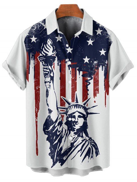 Chemise Boutonnée Motif de Statue de la Liberté Drapeau Américain à Manches Roulées pour Homme