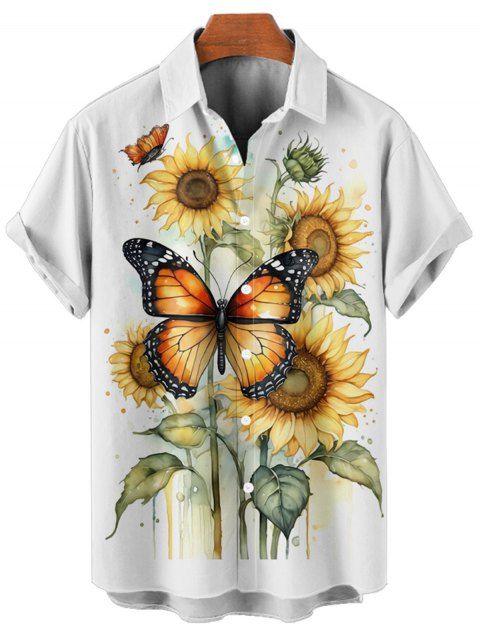 Chemise de Vacances Décontractée Boutonnée Motif de Feuille de Papillon à Manches Roulées pour Homme