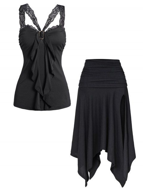 Solid Color Outfit See Thru Lace Panel Ruffle Tank Top and Ruched Slit Asymmetrical Hem Skirt Two Piece Set