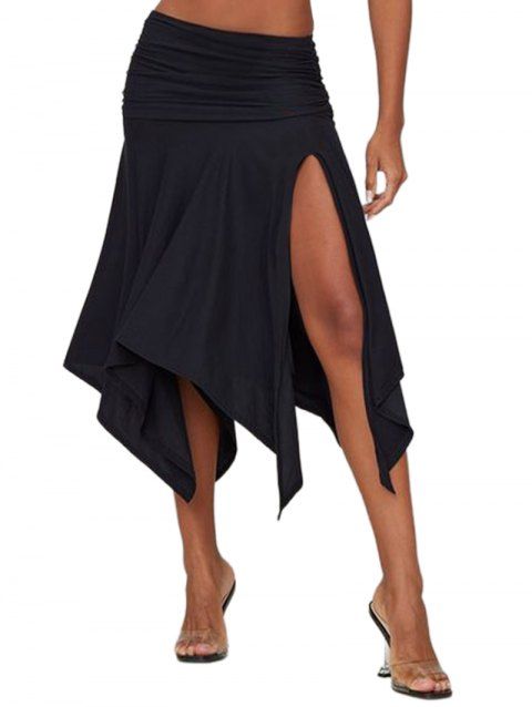 Solid Color Ruched Asymmetrical Hem Slit Skirt Plain Color Midi Skirt