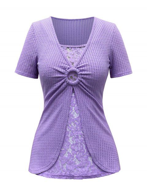 T-shirt Texturé Panneau en Dentelle en Couleur Unie à Manches Courtes Deux Pièces