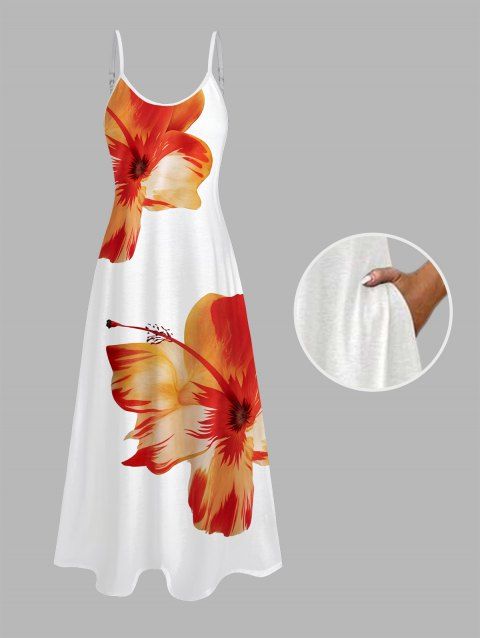 Tropical Floral Pattern Spaghetti Strap Vacation Dress Pocket A Line Long Beach Dress