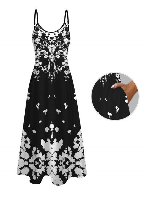 Robe Longue à Bretelles Spaghetti à Motif Floral Noir et Blanc