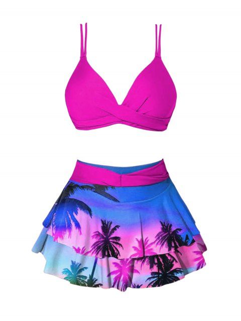 Ombre Tropical Print Crossover Layered Skirtini Bikini Two Piece Swimsuit