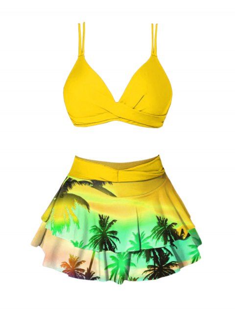 Ombre Tropical Print Crossover Layered Skirtini Bikini Two Piece Swimsuit