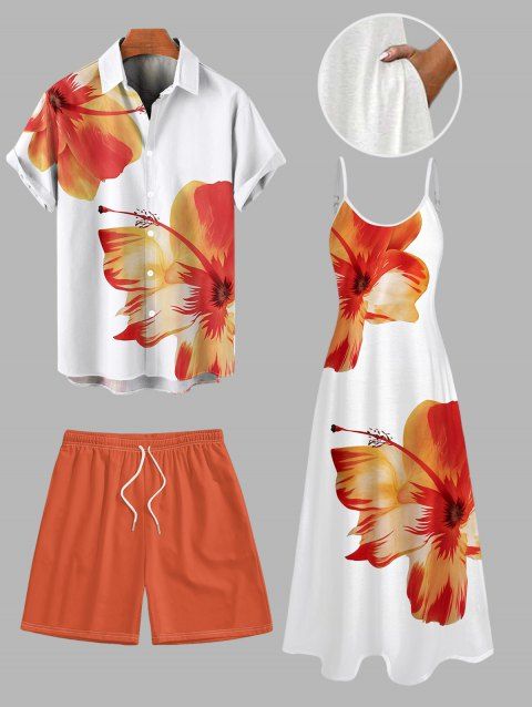 Vacation Couple Outfit Tropical Floral Pattern Spaghetti Strap Pocket A Line Long Dress and Roll Up Sleeve Solid Color Drawstrings Shorts Matching Outfit