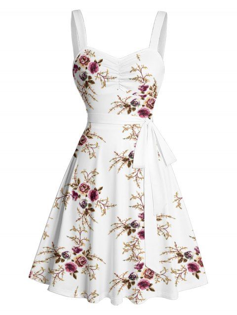 Mini Robe de Vacances Ligne A Fleurie Motif de Feuille avec Ceinture