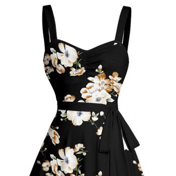 Allover Floral Pattern Ruched Bust Belt Vacation Dress Sweetheart Neck Floral Print A Line Mini Dress