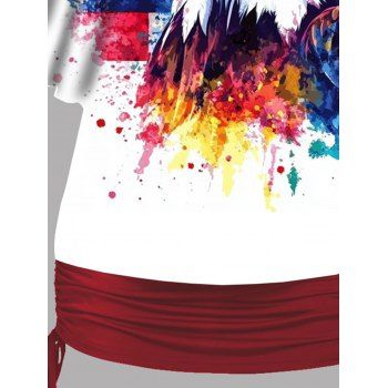 Independence Day Tee Set American Flag Eagle Pattern Skew Neck Tee and Solid Color Cinched Ruched Long Tank Top Two Piece Patriotic T Shirt