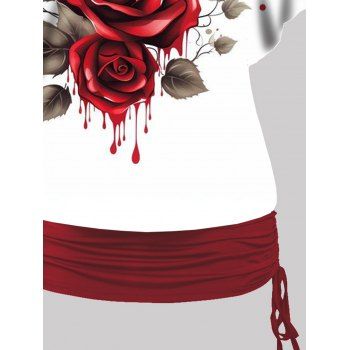 Gothic Tee Set Rose Butterfly Leaf Pattern Skew Neck Tee and Solid Color Cinched Ruched Long Tank Top Two Piece T Shirt