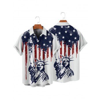 Independence Day Couple Outfit American Flag Statue Of Liberty Pattern Spaghetti Strap A Line Tank Dress and Roll Up Sleeve Shirt Patriotic Outfit