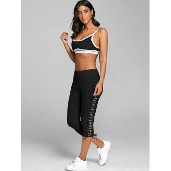Casual Outfit See Thru Lace Panel Ruffle Plain Color Tank Top and Lace Up Capri Leggings Two Piece Set