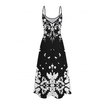 Monochrome Flower Pattern Pocket Vacation Dress Spaghetti Strap A Line Long Dress