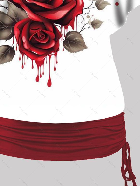 Ensemble de T-shirt Long Gothique Rose et de T-shirt Court en Couleur Unie à Col Oblique Deux Pièces - Rouge XXL | US 12